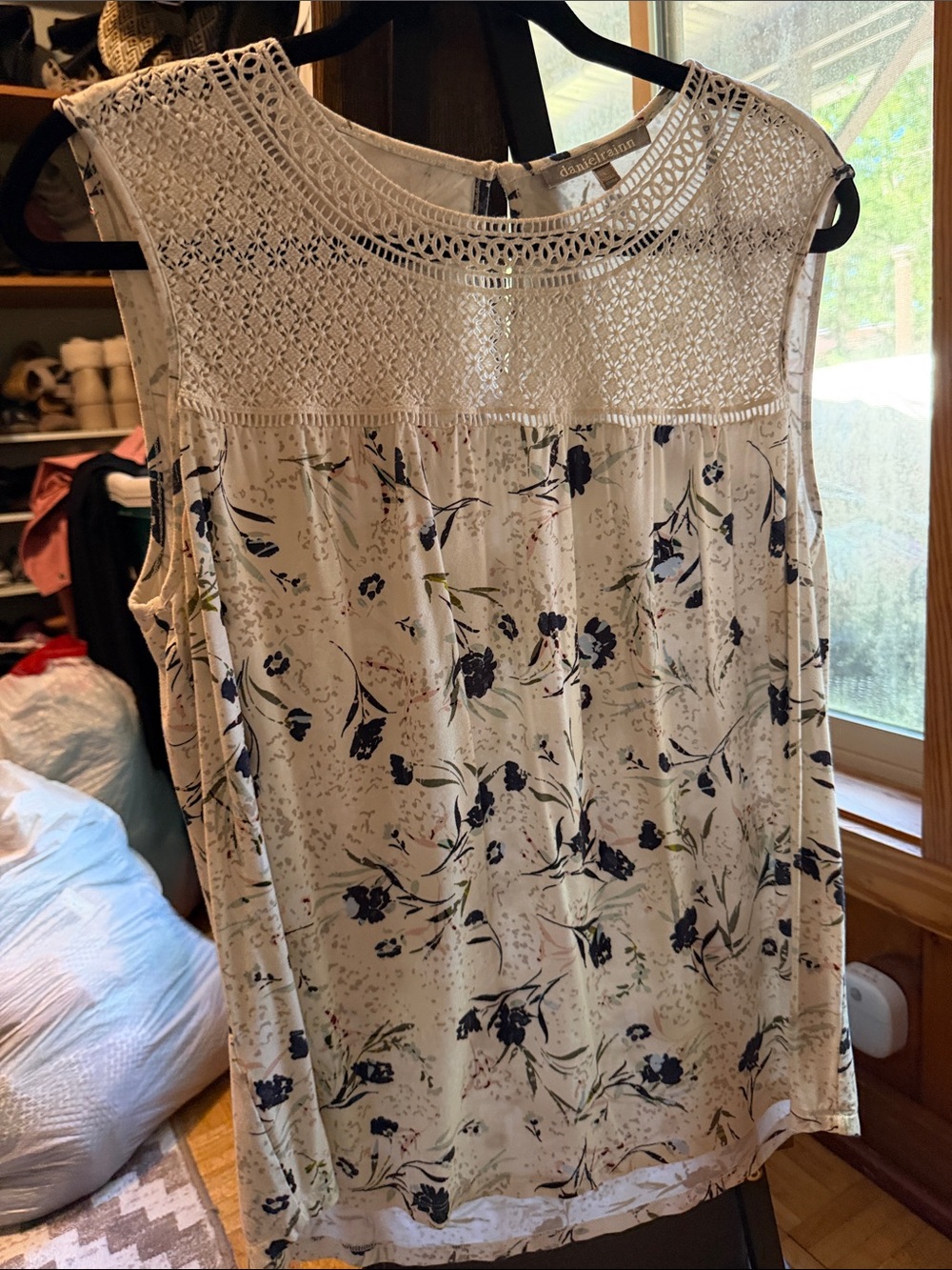 Daniel Rainn Cream Camisole with Navy Floral and Crochet Yoke